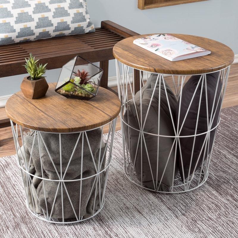 Beyaz Metal Sepet Ahşap Kapaklı Yuvarlak Zigon Sehpa İkili Set 44 cm - 108640