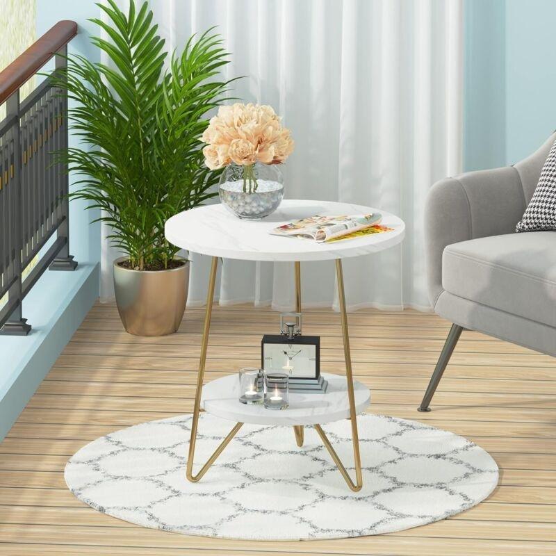 Beyaz Metal ve Yapay Mermer Raflı Gold Yan Sehpa-47x47x55 cm - 111595