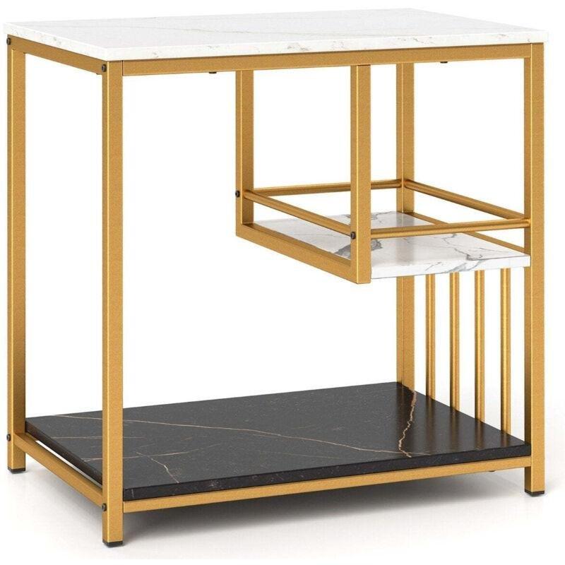 Beyaz Metal Yaldızlı 3 Katlı Mermer Yan Sehpa-60x40x61 cm - 110599