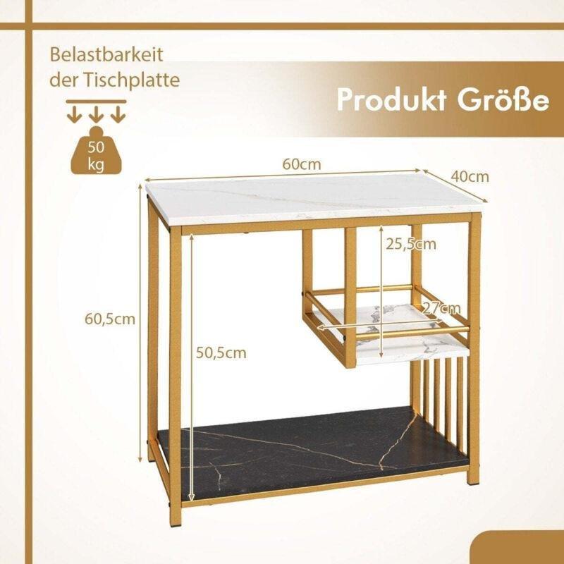 Beyaz Metal Yaldızlı 3 Katlı Mermer Yan Sehpa-60x40x61 cm - 110599