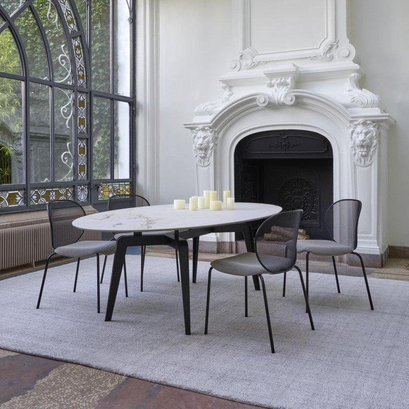 Beyaz Oval Porselen Yemek Masası Mermer Desenli 240 cm - 90055