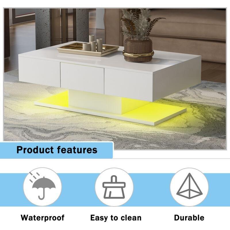 Beyaz Parlak Orta Sehpa 100x60x35 cm LED Aydınlatmalı 2 Çekmeceli - 103640