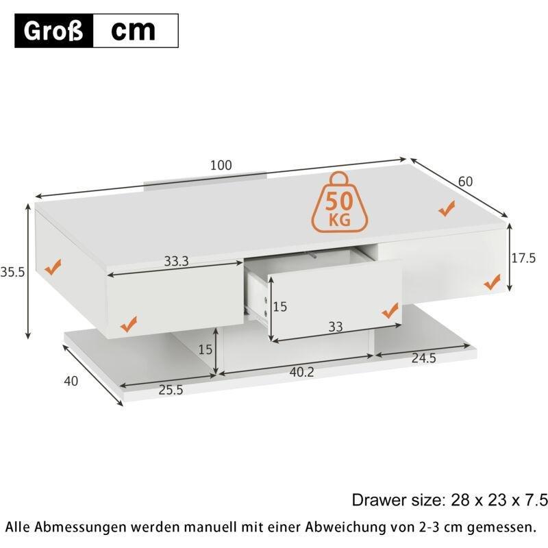 Beyaz Parlak Orta Sehpa 100x60x35 cm LED Aydınlatmalı 2 Çekmeceli - 103640