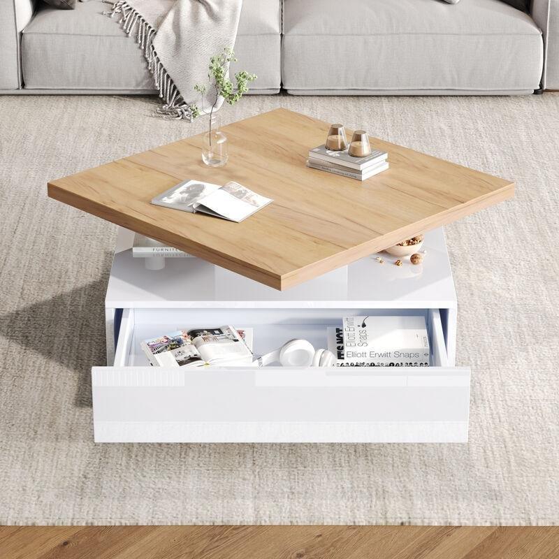Beyaz Parlak ve Ceviz Renkli Endüstriyel Ahşap Kare Orta Sehpa 70x70 cm Çekmeceli Dönerli - 102783