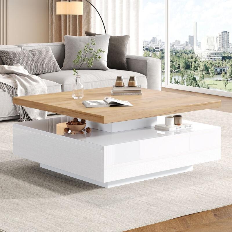 Beyaz Parlak ve Ceviz Renkli Endüstriyel Ahşap Kare Orta Sehpa 70x70 cm Çekmeceli Dönerli - 102783