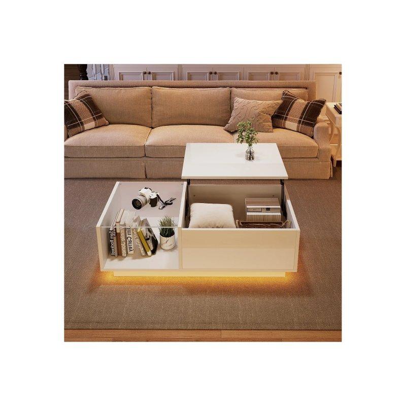 Beyaz Parlak Yükseltilmiş Plateau Ledli Orta Sehpa 100x50 cm - 102261