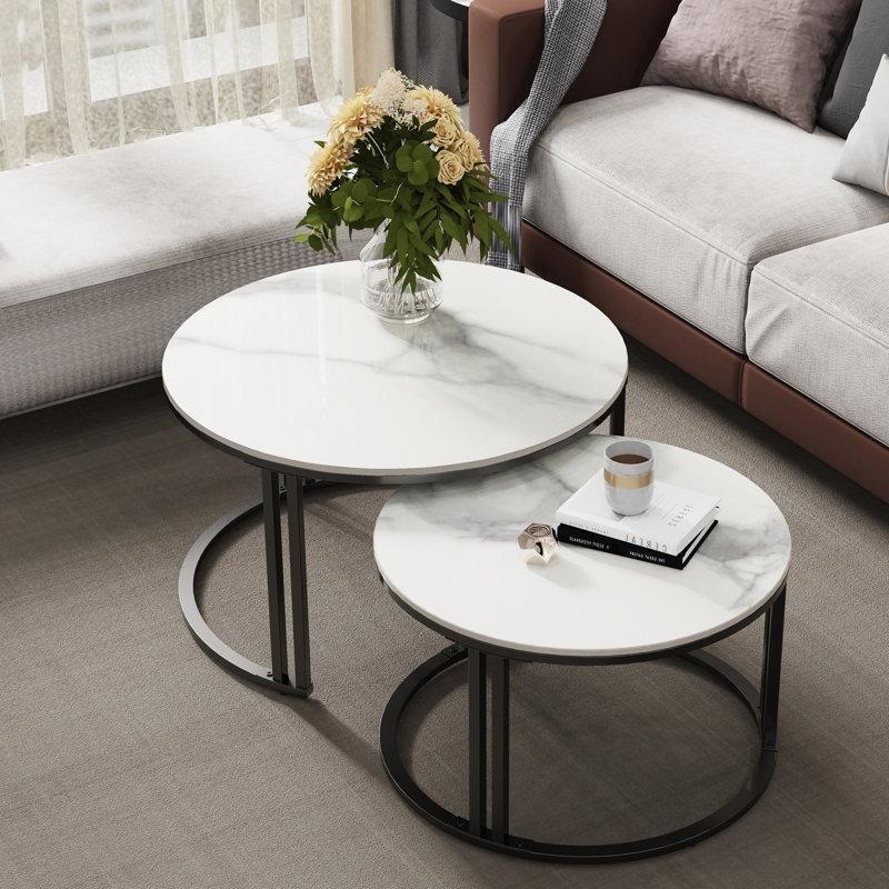 Beyaz Porselen Orta Sehpa 70 cm Siyah Metal Ayaklı İkili Set - 105868