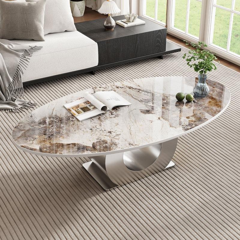 Beyaz Porselen Oval Orta Sehpa 125x68 cm Metal Ayaklı - 105871