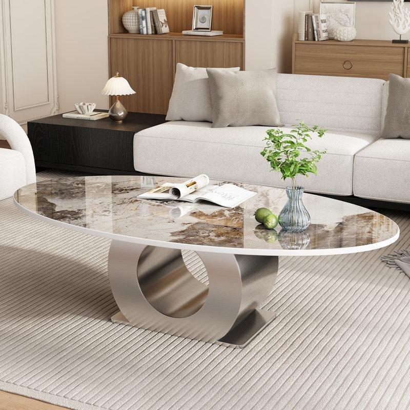 Beyaz Porselen Oval Orta Sehpa 125x68 cm Metal Ayaklı - 105871