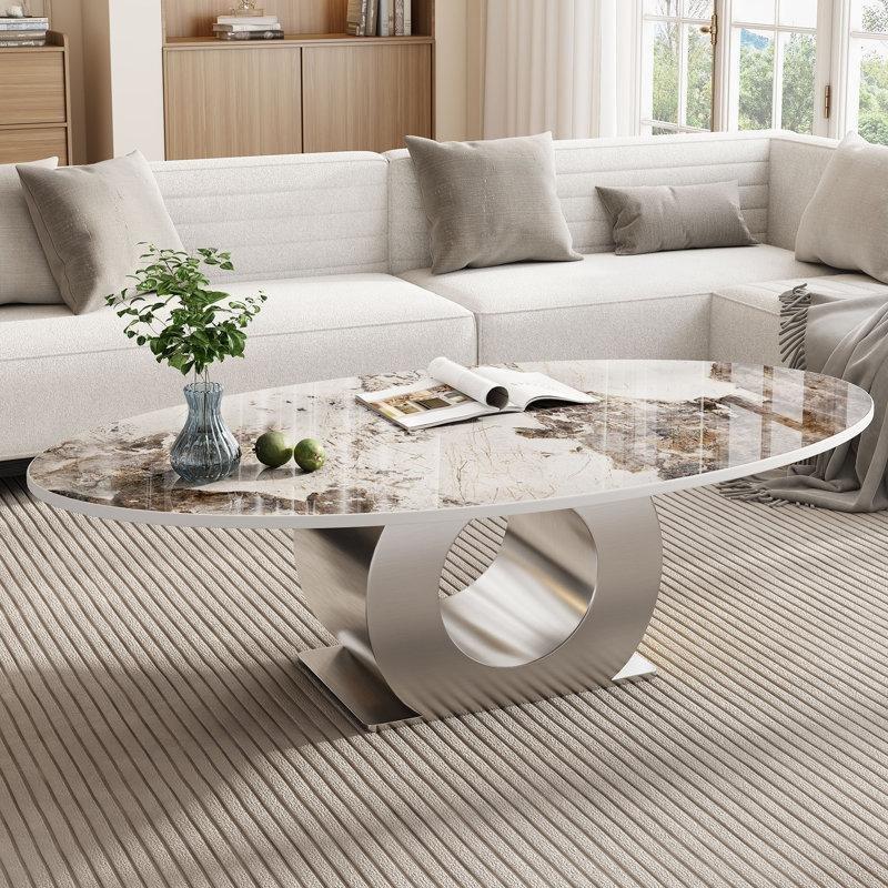 Beyaz Porselen Oval Orta Sehpa 125x68 cm Metal Ayaklı - 105871