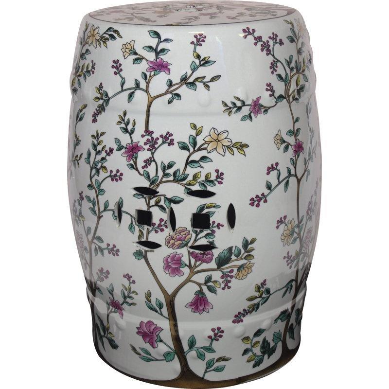 Beyaz Seramik Çiçek Desenli Seramik Yan Sehpa-47x34x34 cm - 113457