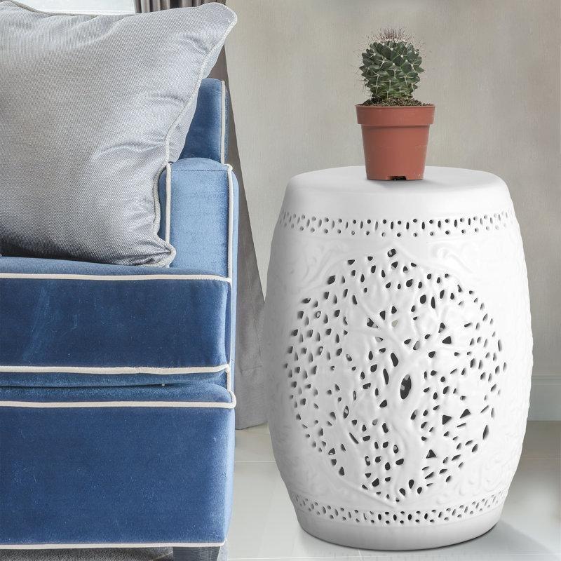 Beyaz Seramik Delikli Desenli Seramik Yan Sehpa-46x35x35 cm - 113478