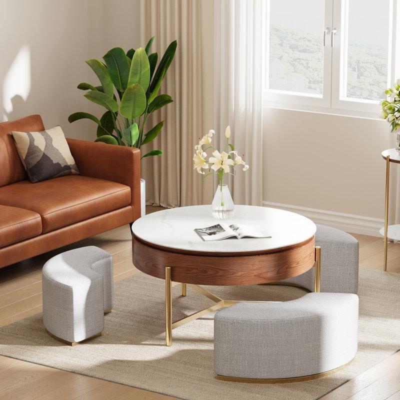 Beyaz Sintered Taş Üstü Yükseltmeli Puflu Orta Sehpa 81 cm, 3 Adet Kumaş Oturmadan ve Paslanmaz Çelik Ayaklı - 104776