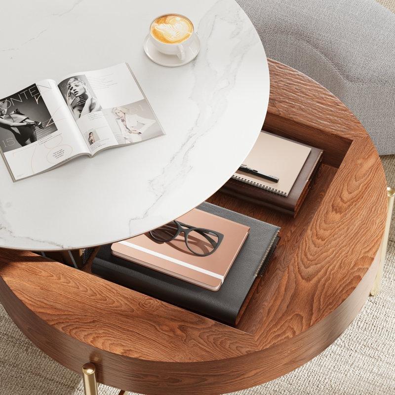 Beyaz Sintered Taş Üstü Yükseltmeli Puflu Orta Sehpa 81 cm, 3 Adet Kumaş Oturmadan ve Paslanmaz Çelik Ayaklı - 104776