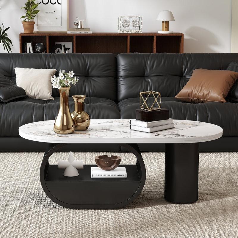 Beyaz Sinterleme Taş Üstü Oval Lüks Orta Sehpa 120x60 cm Çekmeceli Raflı - 104527