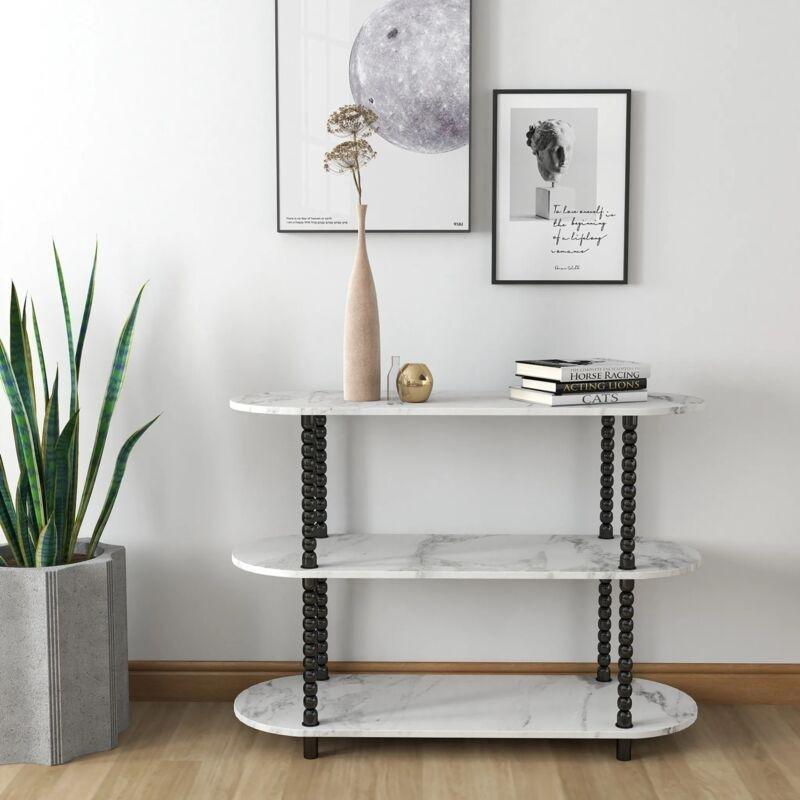 Beyaz Siyah MDF Metal 3 Raflı Ayarlanabilir Yan Sehpa-36x100x73 cm - 112299