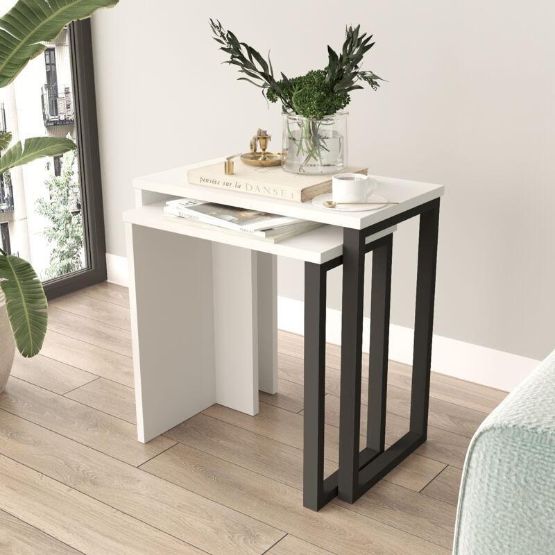 Beyaz Siyah Metal Ayaklı İç İçe Zigon Sehpa 51x30x53 cm - 107059