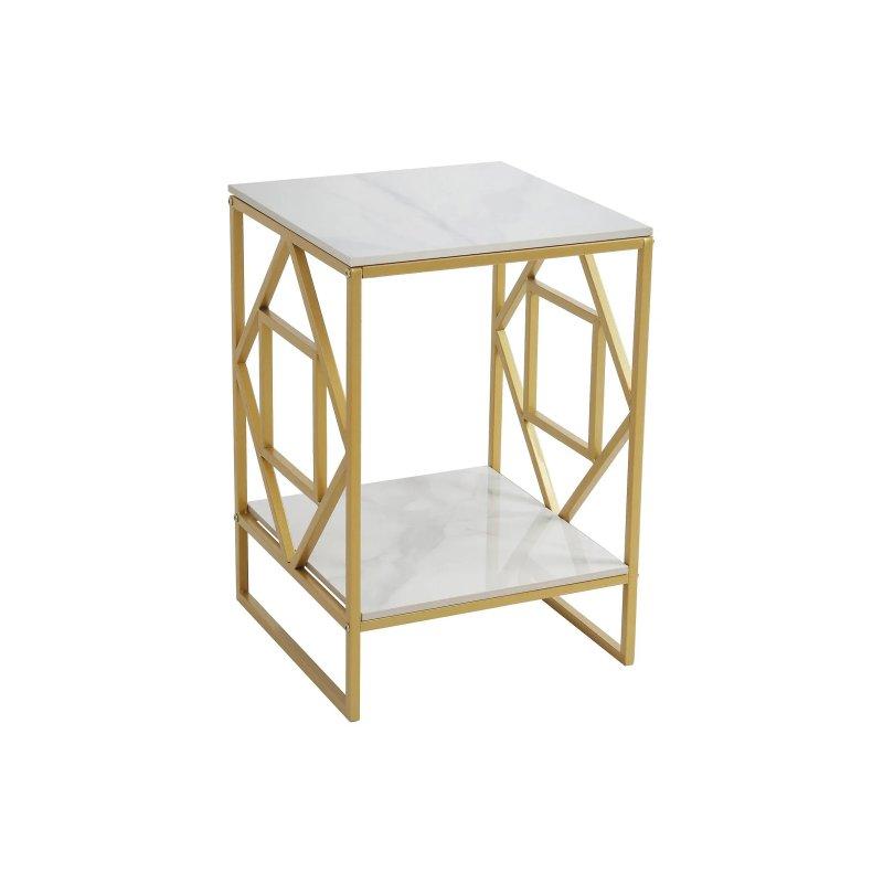 Beyaz Siyah Sinterlenmiş Taş Metal İki Katlı Tasarım Yan Sehpa-40x40x58 cm - 110159