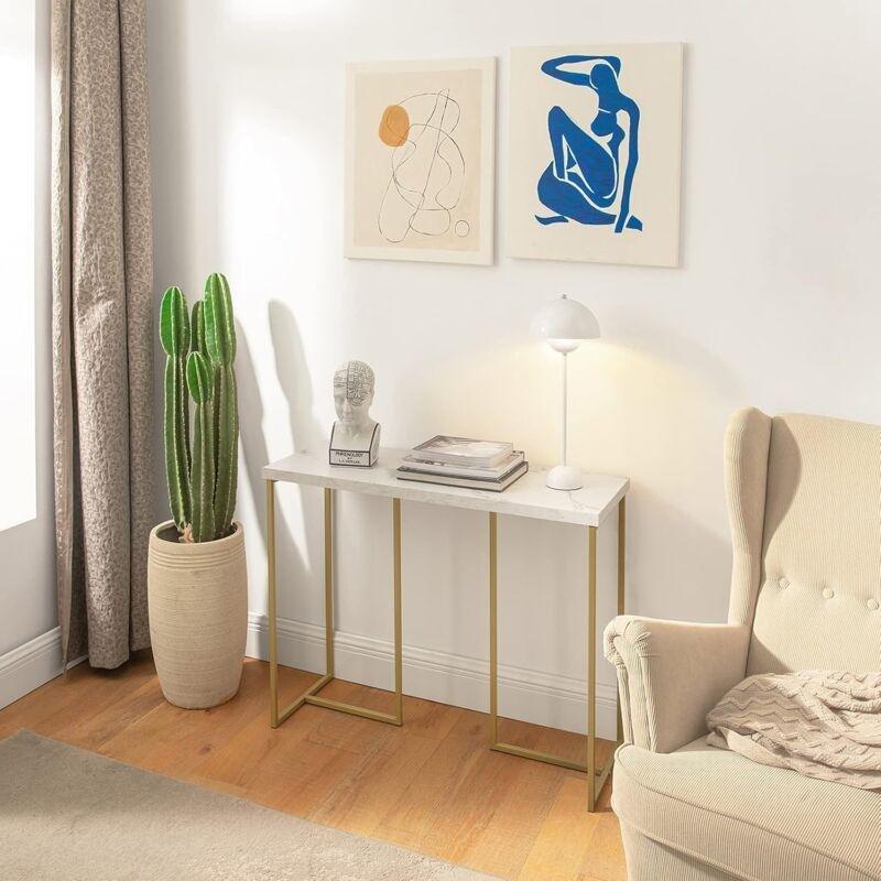 Beyaz Sunta Altın Renk Metal Çerçeveli Gold Yan Sehpa-100x36x75 cm - 112001