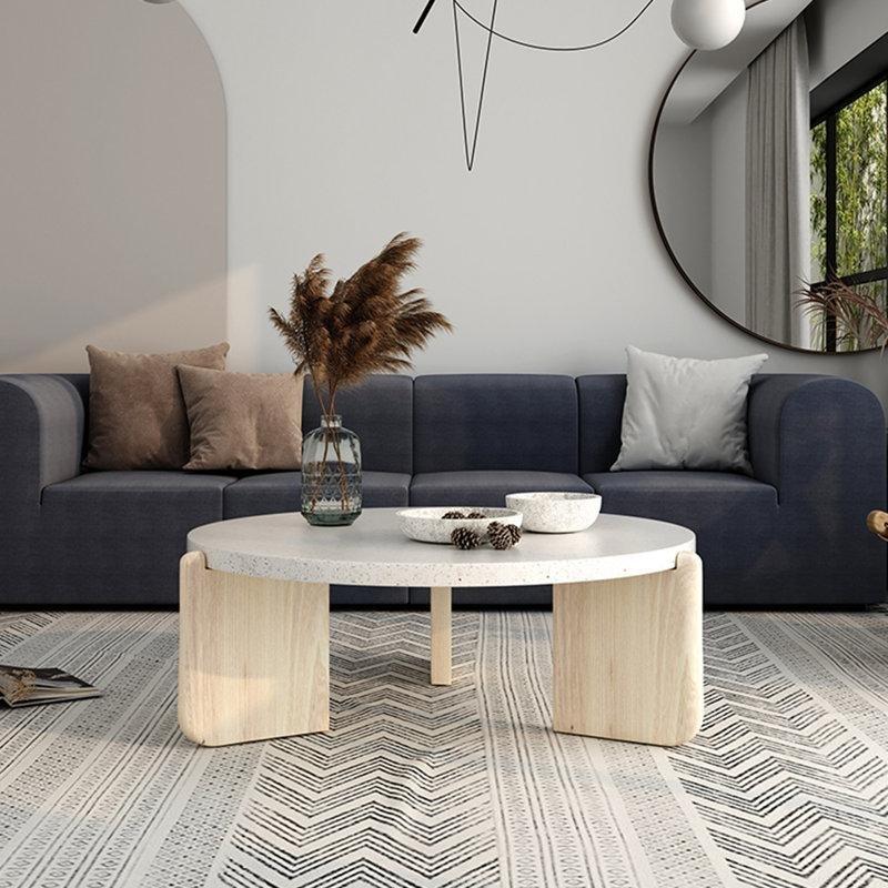 Beyaz Terrazzo Orta Sehpa 35 cm Yükseklik Masif Ahşap Ayaklı - 105619