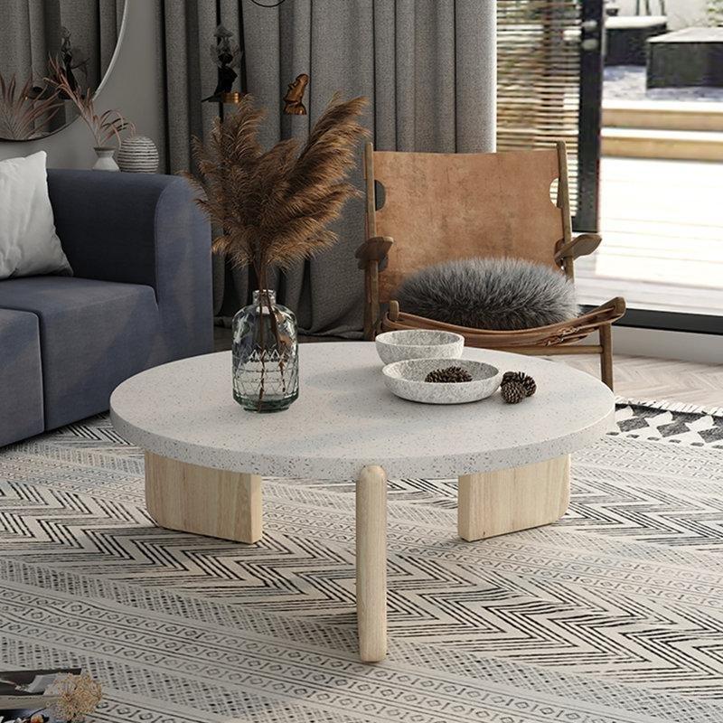 Beyaz Terrazzo Orta Sehpa 35 cm Yükseklik Masif Ahşap Ayaklı - 105619