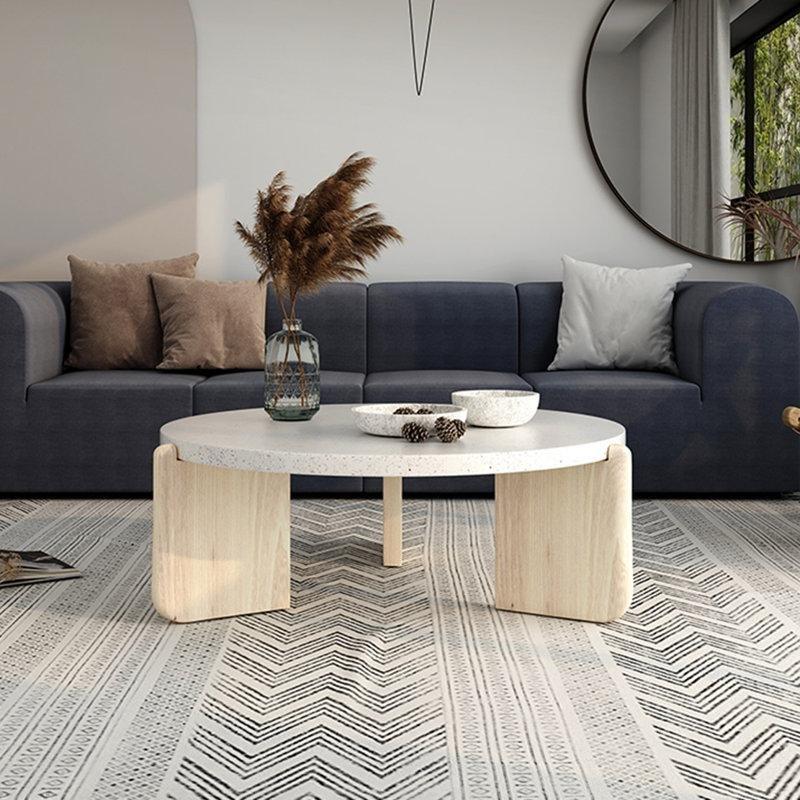 Beyaz Terrazzo Orta Sehpa 35 cm Yükseklik Masif Ahşap Ayaklı - 105619