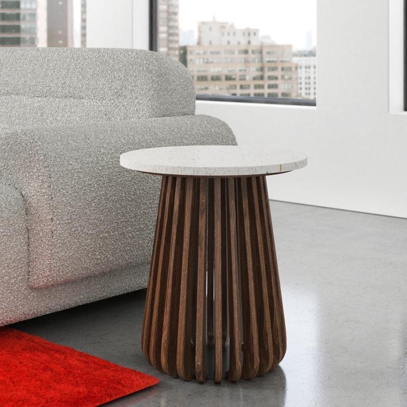 Beyaz Terrazzo Orta Sehpa 51 cm Ceviz Ahşap Ayaklı - 105676