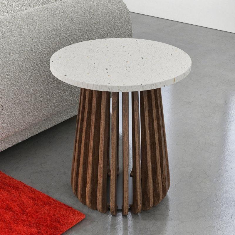 Beyaz Terrazzo Orta Sehpa 51 cm Ceviz Ahşap Ayaklı - 105676