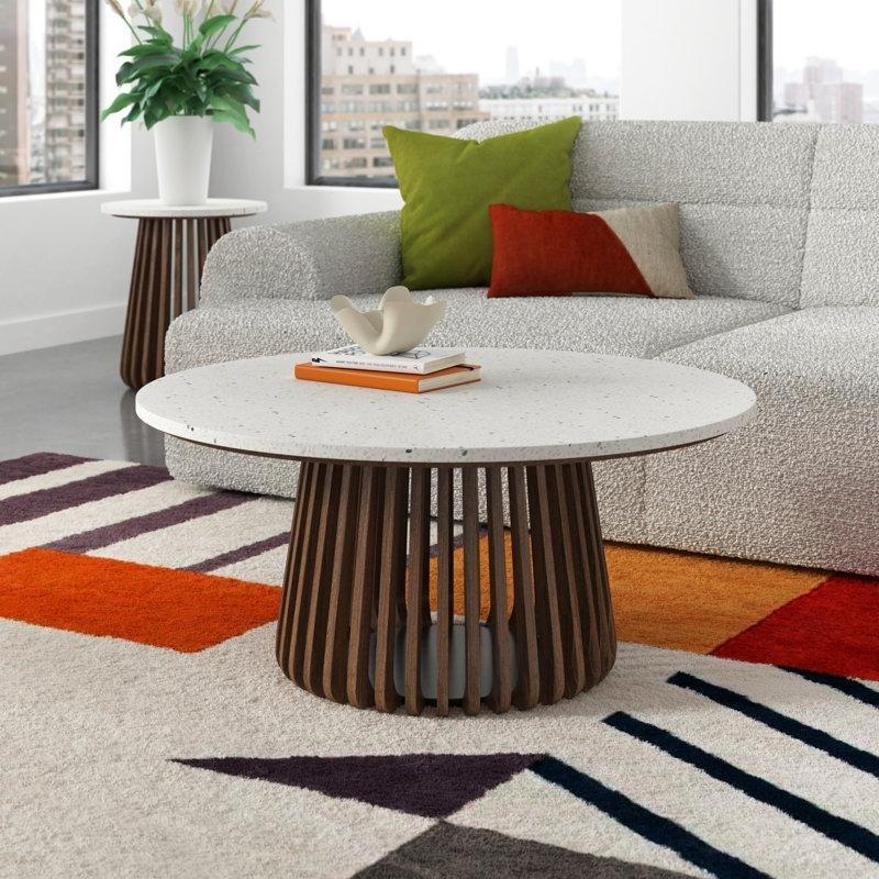 Beyaz Terrazzo Üstlü Masif Akasya Ahşap Bohem Orta Sehpa 41x89x89 cm - 105205