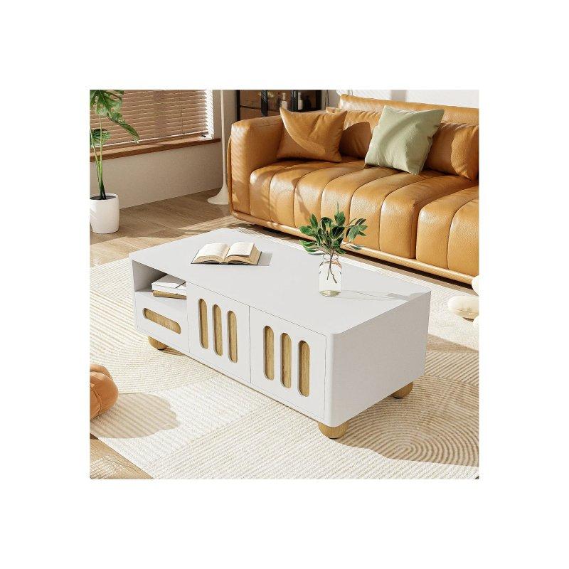 Beyaz ve Ahşap Renkli Modern Orta Sehpa 105x50x40 cm, 4 Kapılı 2 Çekmeceli, 16 Renkli LED'li - 102462