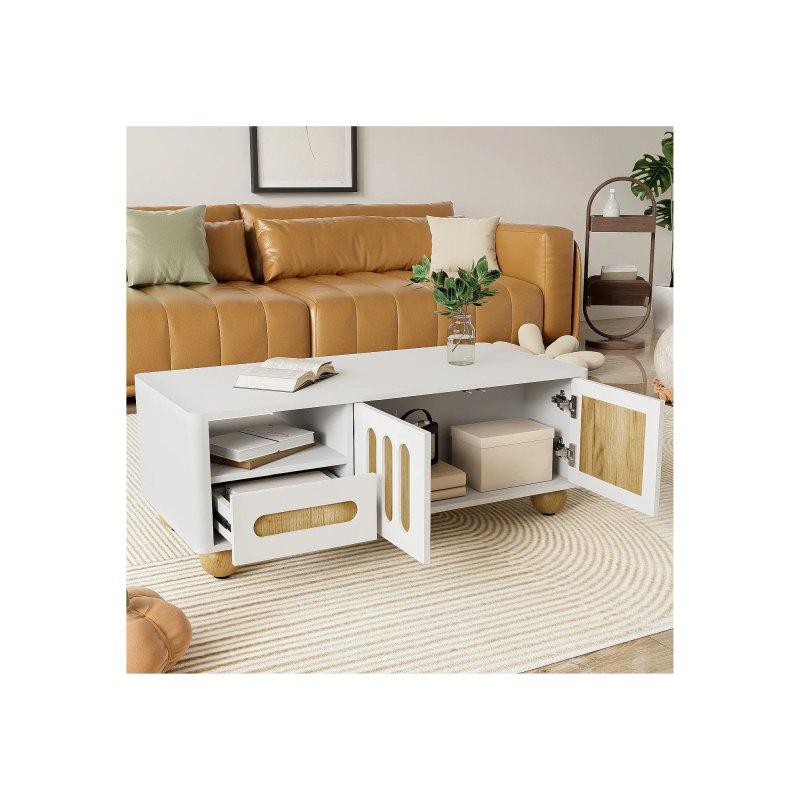 Beyaz ve Ahşap Renkli Modern Orta Sehpa 105x50x40 cm, 4 Kapılı 2 Çekmeceli, 16 Renkli LED'li - 102462