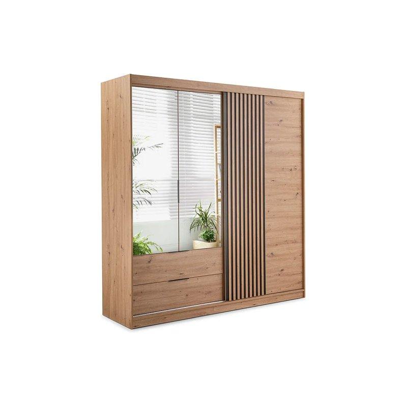 Beyaz ve Doğal Ahşap 4 Kapılı 2 Çekmeceli Aynalı Gardrop 250 cm - 90505