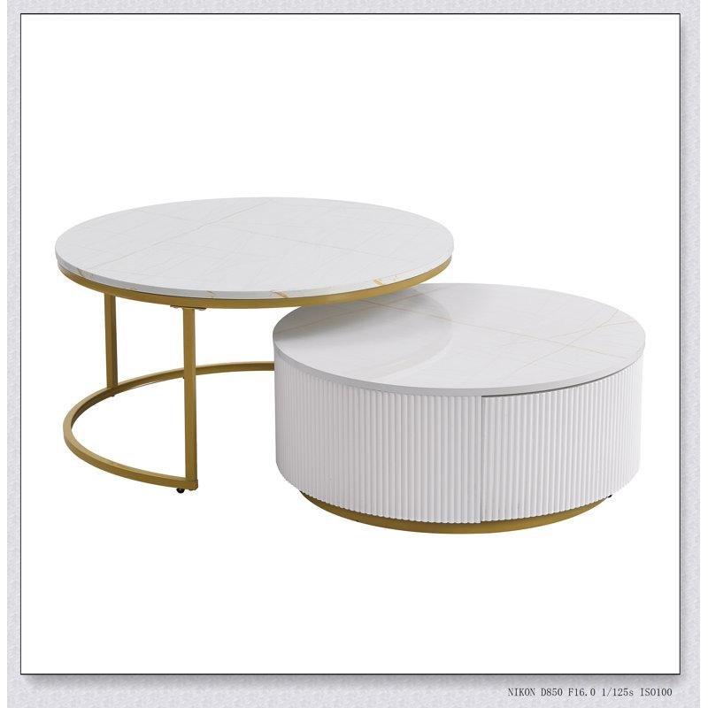 Beyaz ve Gold Metal Ayaklı Yuvarlak İç İçe Geçmeli Orta Sehpa 80 cm - 105055