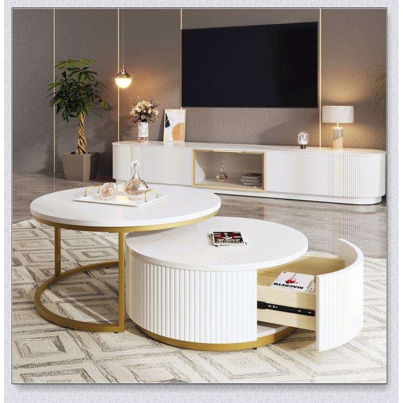 Beyaz ve Gold Metal Ayaklı Yuvarlak İç İçe Geçmeli Orta Sehpa 80 cm - 105055