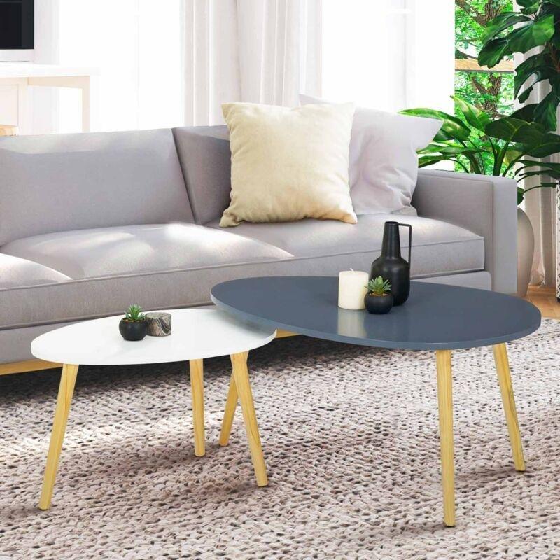 Beyaz ve Gri MDF Orta Sehpa 80x60 cm İç İçe Geçmeli 2'li Set - 103490