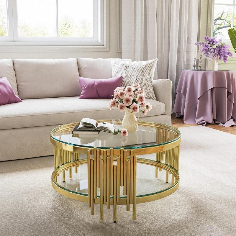 Bordeaux Aynalı Yuvarlak Orta Sehpa, Gold Ayaklı, 90 cm - 105049