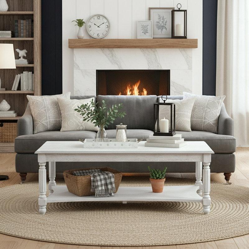 Branham Masif Ahşap Dikdörtgen Orta Sehpa 99 cm Antika Beyaz - 104917