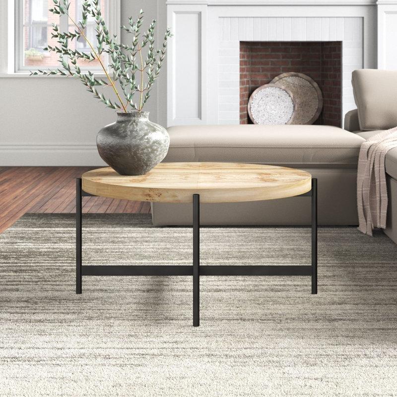 Burl Ahşap Yuvarlak Orta Sehpa 91 cm Siyah Metal Ayaklı - 104308