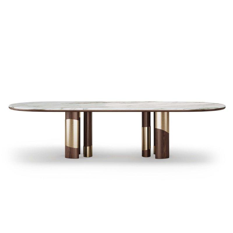 Calacatta Gold Mermer Yemek Masası 320x120 cm Ceviz Ahşap Ayaklı Pirinç Detaylı - 92140