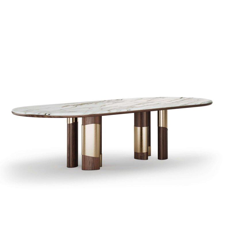 Calacatta Gold Mermer Yemek Masası 320x120 cm Ceviz Ahşap Ayaklı Pirinç Detaylı - 92140