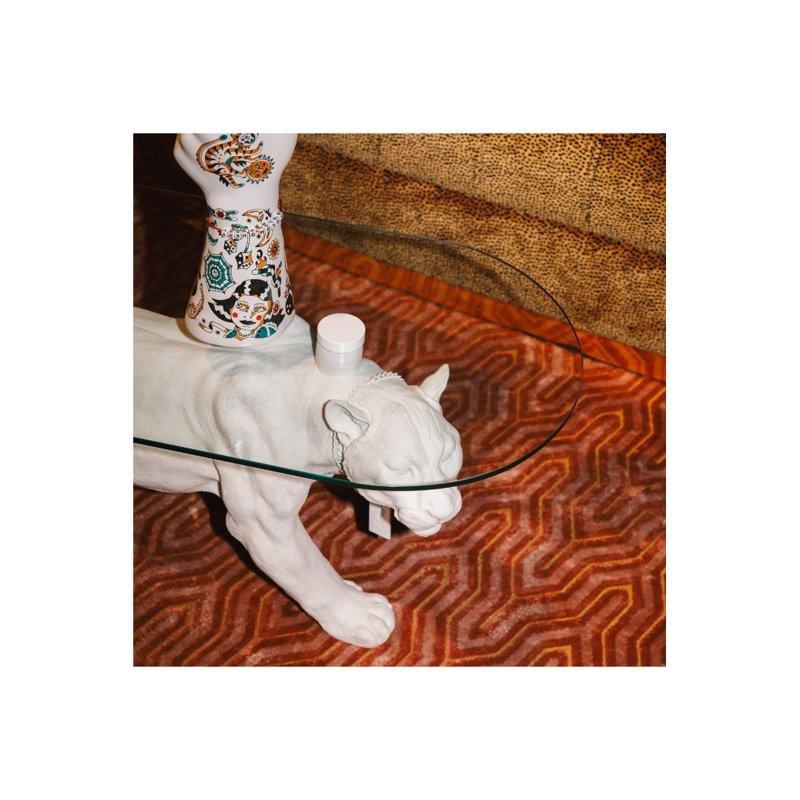 Cam Üstlü Beyaz Panter Figürlü Terrazzo Orta Sehpa 89x41x43 cm - 105604