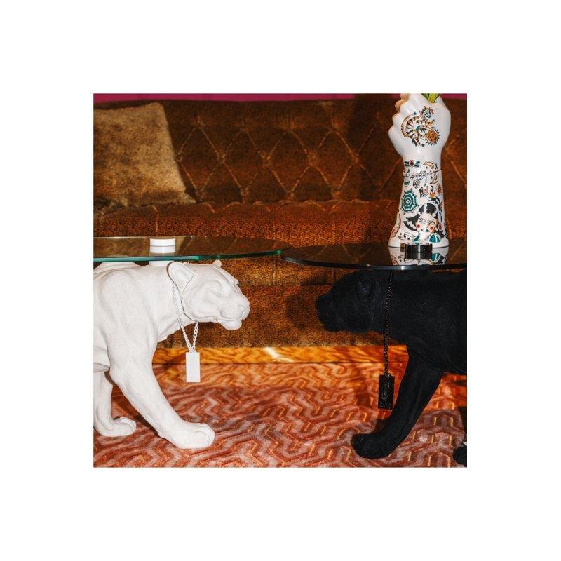 Cam Üstlü Beyaz Panter Figürlü Terrazzo Orta Sehpa 89x41x43 cm - 105604