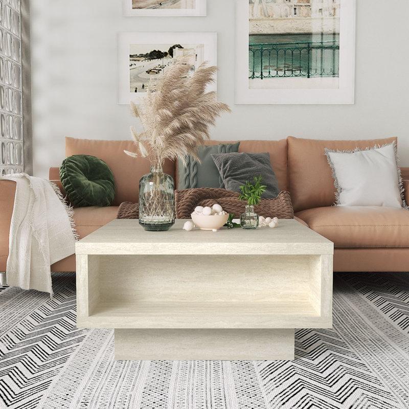 Caomhan Endüstriyel Ahşap Kare Orta Sehpa 80x80 cm, Traverten Rengi, Pedestal Ayaklı ve Raflı - 104686