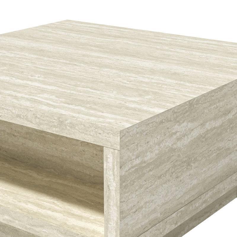 Caomhan Endüstriyel Ahşap Kare Orta Sehpa 80x80 cm, Traverten Rengi, Pedestal Ayaklı ve Raflı - 104686