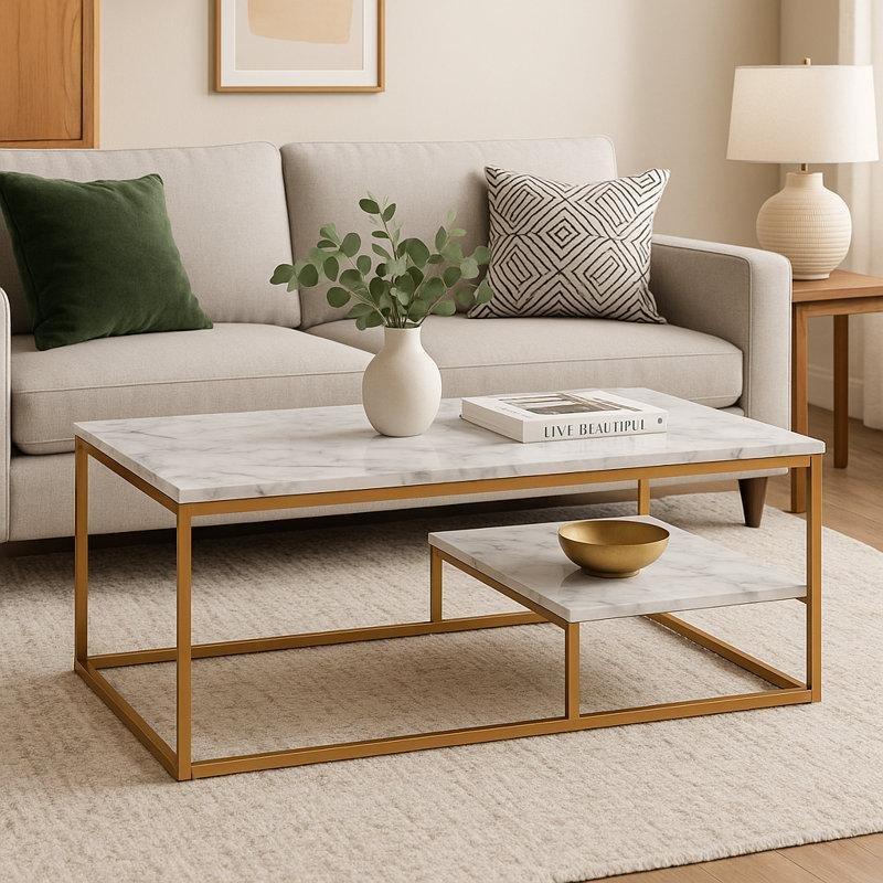 Carbone Mermer Desenli Gold Ayaklı Raflı Orta Sehpa 102x51x41 cm - 105067