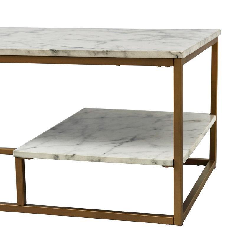 Carbone Mermer Desenli Gold Ayaklı Raflı Orta Sehpa 102x51x41 cm - 105067