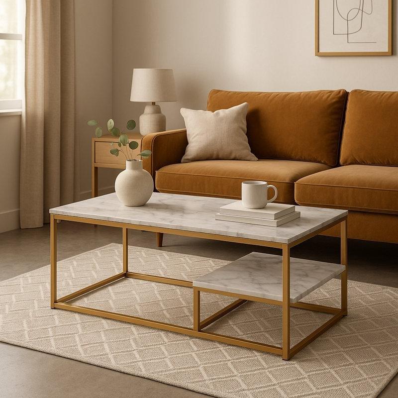 Carbone Mermer Desenli Gold Ayaklı Raflı Orta Sehpa 102x51x41 cm - 105067