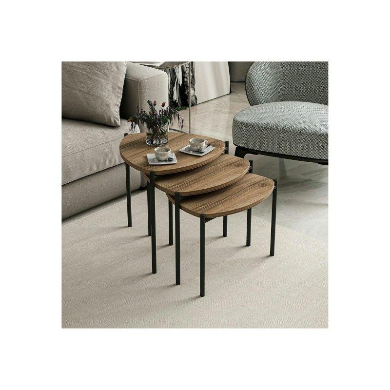 Ceviz Desenli MDF Üçlü Zigon Sehpa 45x45x45 cm Siyah Metal Ayaklı - 106237