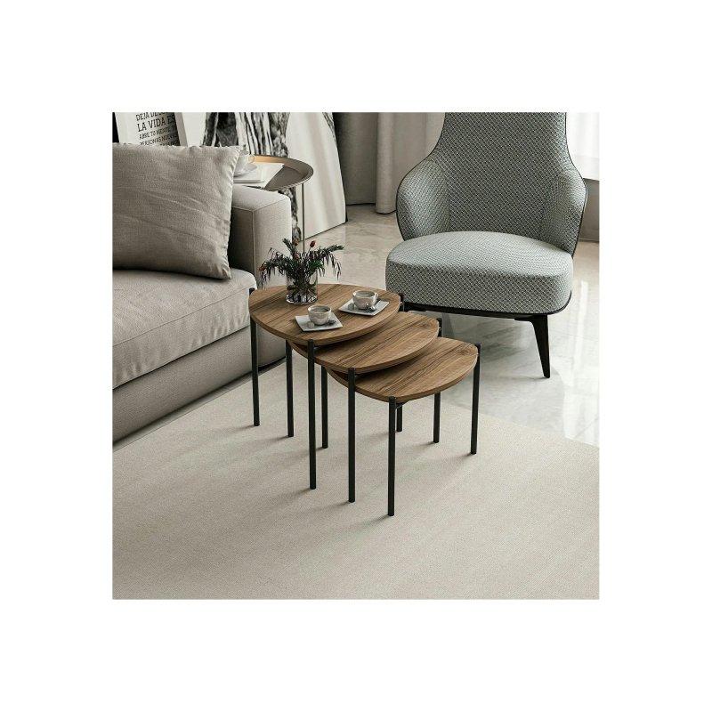 Ceviz Desenli MDF Üçlü Zigon Sehpa 45x45x45 cm Siyah Metal Ayaklı - 106237