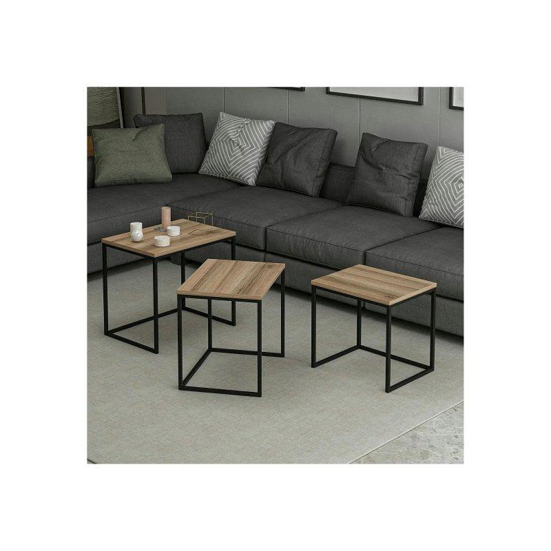 Ceviz Desenli Üçlü Zigon Sehpa 55x40 cm Metal Ayaklı - 106231